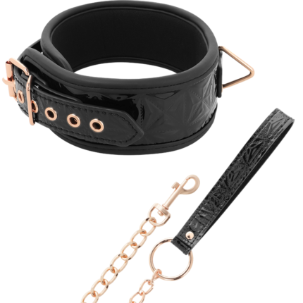 resistant and safe.This BDSM accessory includes a large neck ring and a small metal ring with a strap to keep your slave under strict control.This vegan leather