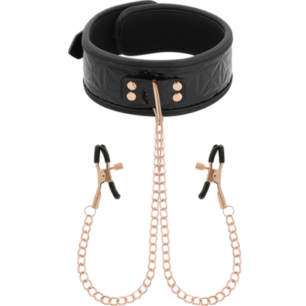 linked by a silver chain to nipple clamps. An exciting bondage game especially for them. The clamps and the collar are adjustable both in measure and tension. It is perfect for stimulating the nipples and many other sensitive areas.	Made of neoprene