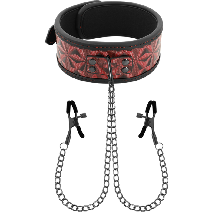 linked by a silver chain to nipple clamps. An exciting bondage game especially for them. The clamps and the collar are adjustable both in measure and tension. It is perfect for stimulating the nipples and many other sensitive areas.	Made of neoprene