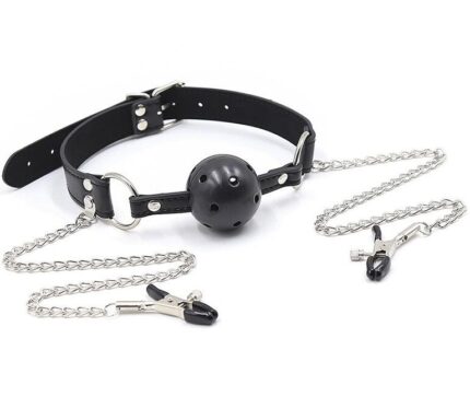 The current use of Fetish fits into the sexual realm. It refers in popular language to the pleasure or admiration of certain body parts or objects in a way that produces excitement or pleasure. Ohmama offers you all the elements and accessories so you can carry them out like never before without complexes using the highest quality materialsCharacteristics	Ball gag	With chains and nipple clamps 	Breatheable ball 	Nipple tweezers and metal chains	Coated Tips of the nipples clamps 	Stainless steel	Adjustable strapTHE BRANDThe Ohmama product range is perfect for gifts. A product available to everyone with perfect quality. A unique combination in this line of toys