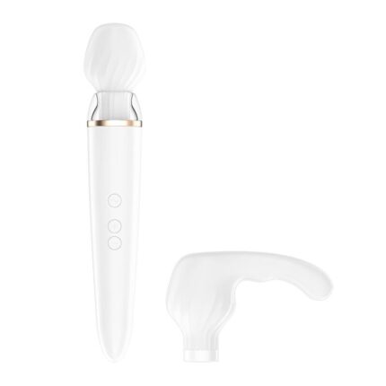 round massage attachment as well as an attachment for stimulating the G-spot or A-spotProduct information "Double Wand-er"	Compatible with the free Satisfyer App - Available on iOS and Android	Includes 2 interchangeable heads	Thanks to its waterproof (IPX7) finish