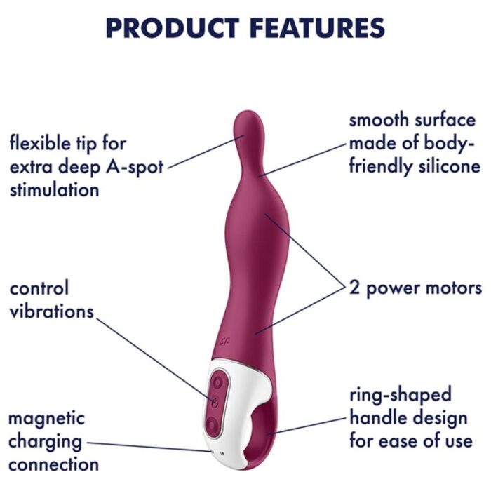 skin-friendly medical silicone with a silky feel	15 year warranty	Whisper mode	Rechargeable Li-ion battery	Waterproof (IPX7)	Magnetic USB charging cable included	Easy to cleanWhat else can the Satisfyer A-Mazing 1 offer you?The A-spot is located about 2 inches above the G-spot