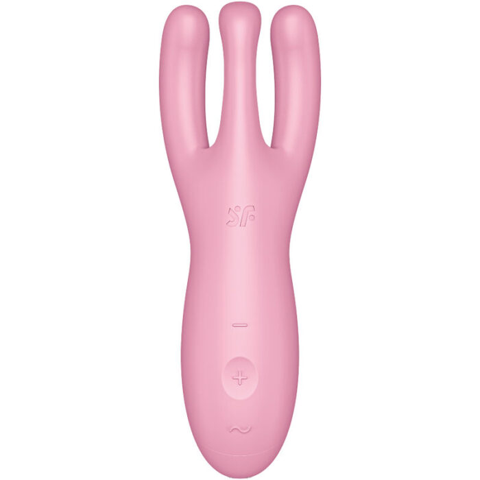 a powerful motor and an innovative design. It is a contact vibrator that stimulates the clitoris and labia.Product information Satisfyer "Threesome 4"	Sensual stimulation of clitoris and labia	Flexible arms for passionate stimulation	12 vibration programs	3 super-strong powerful motors	Compatible with the free Satisfyer app – available for iOS and Android	Whisper mode	Made of super soft