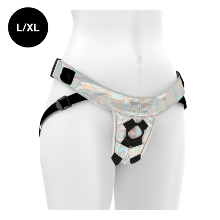 MYTHOLOGY FANTASY HARNESS - IRIDESCENT L/XLA comfortable harness for dildos. Strap-on sex is great. Feel good while you do it in this stylish and durable harness.WHAT MAKES THE MYTHOLOGIC HARNESS SPECIAL?Strapping him in is awesome