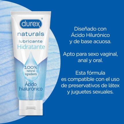 is a lubricant made with 100% natural ingredients and natural hyaluronic acid that provides long-lasting hydration. This intimate lubricant from Durex provides the following benefits:	With balanced pH that helps maintain the balance of the vaginal flora.	With natural Hyaluronic Acid for long-lasting hydration and care of your skin. • Relieves discomfort during sex and makes it softer thanks to its water-based formula.	Free of fragrances and dyes.	Suitable for vaginal