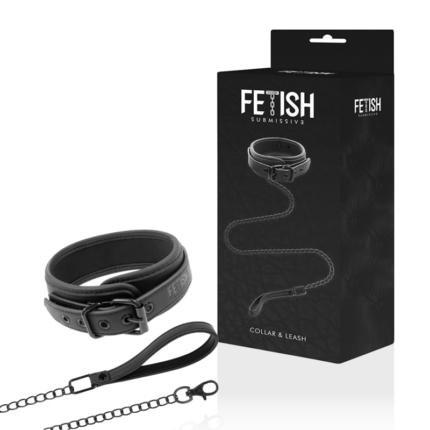 FETISH SUBMISIVE set of handcuffs with collar joined by metal chain.Whether you like to dominate your lover or if you prefer to surrender at your feet