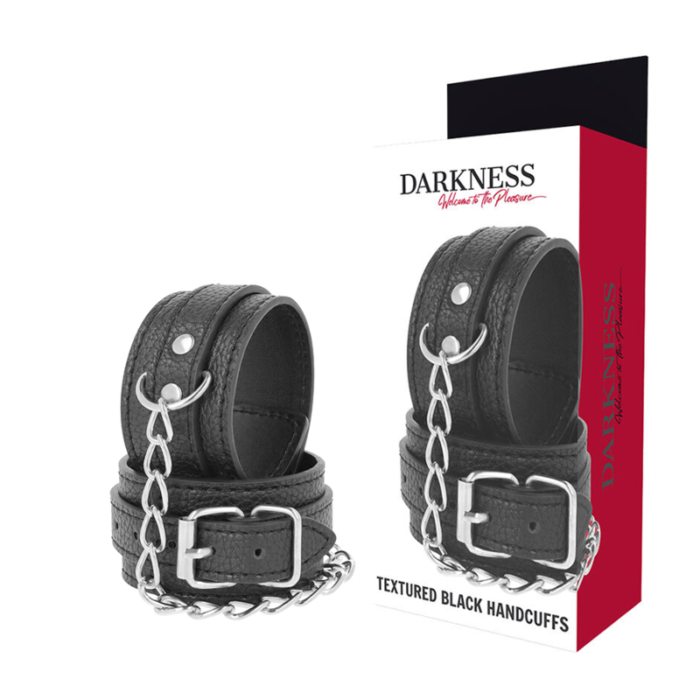 Take your fetish games to a higher level and discover your dominant or submissive side with these adjustable wrist cuffs from the Darkness Bondage collection.Add a spark of excitement to your games.	Made of PU LEATHER	Nickel free metalTHE BRANDDarkness is a brand of new generation 2020