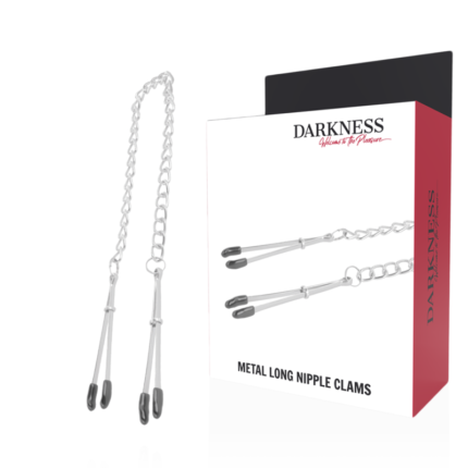 These nipple clamps with Darkness chain! Unisex son and very easy to use. The tweezers and the chain have been made with stainless steel and aluminum. It does not contain nickel. You can use the nipple clamps for your secret trips or as a stimulator complement while penetrating your lover.	• Made of nickel free metal.Darkness is a brand of new generation 2020