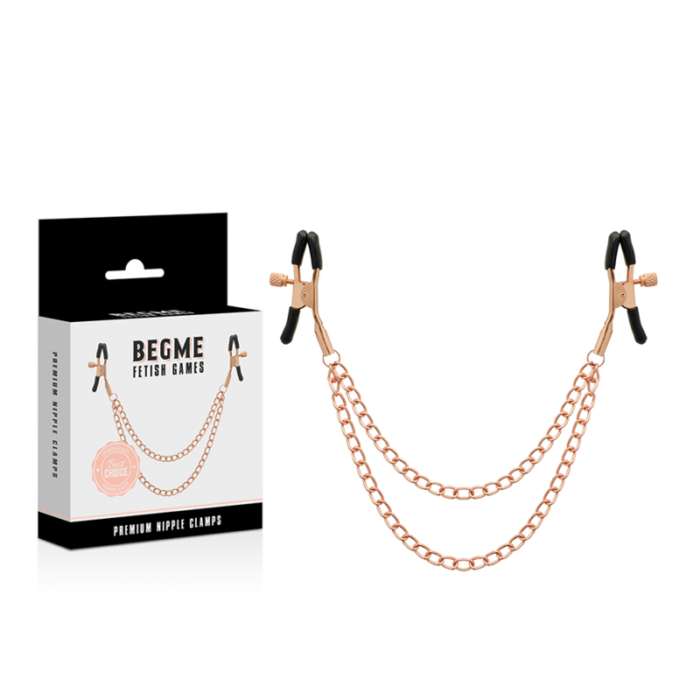 Begme introduces a nickel-free nipple think perfect for your BDSM games.These Begme chain nipple clamps are unisex and very easy to use! The clamps and chain are made of stainless steel and aluminum. They do not contain nickel. You can use the nipple clamps for your naughty secrets or as a stimulating supplement while penetrating your lover.	Made of nickel free material.Use this accessory alone or with other BEGME itemsSadomasochism is based on more than just feeling pleasure through pain. It is characterized by assuming the roles of dominant and submissive. The representation of these roles in non-sadomasochistic couples