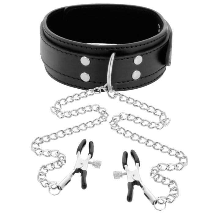 joined by a silver chain to nipple clamps. An exciting bondage game especially for them. The clamps and the collar are adjustable both for measurement and tension. It is perfect for nipple stimulation and many other sensitive areas.	• Made of pvc leather and metal	• One size