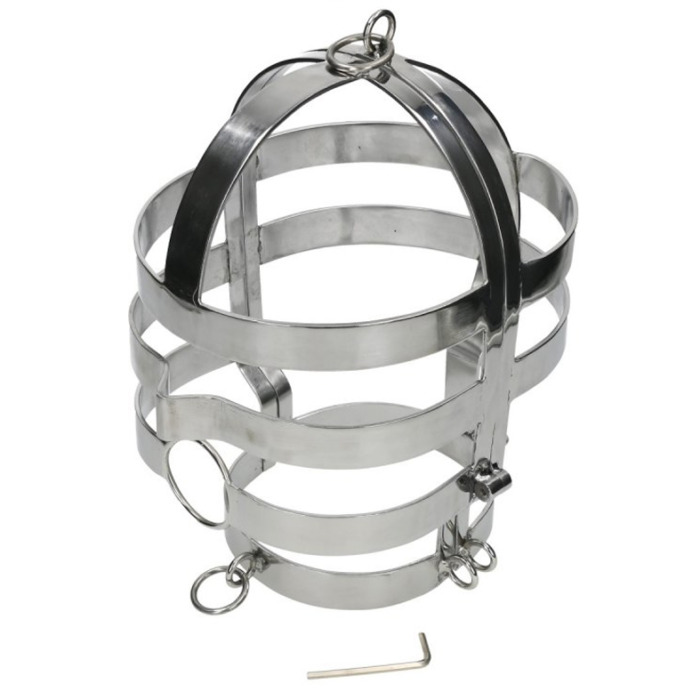 Head Cage with Mouth Hole	Stainless Steel	Antique reproduction stainless steel head cage. Hinged at side and opens with allen wrench type key one rings are attached at top and at front and back of neck.