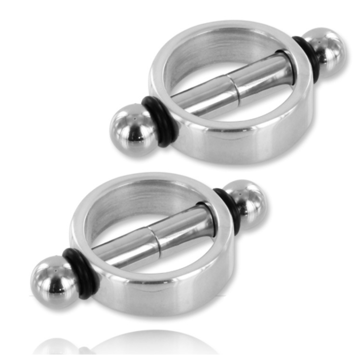 These magnetic nipple clamps are great for women and men during bondage and fetish play (BDSM) as they cause pleasant sore nipples. The aluminum ring has two magnetic rods that can be separated and slid back to hold the nipple firmly.Characteristics:	Diameter: 3.1cm	Width: 4.9 cm	Height: 1 cm	Material: Stainless Steel