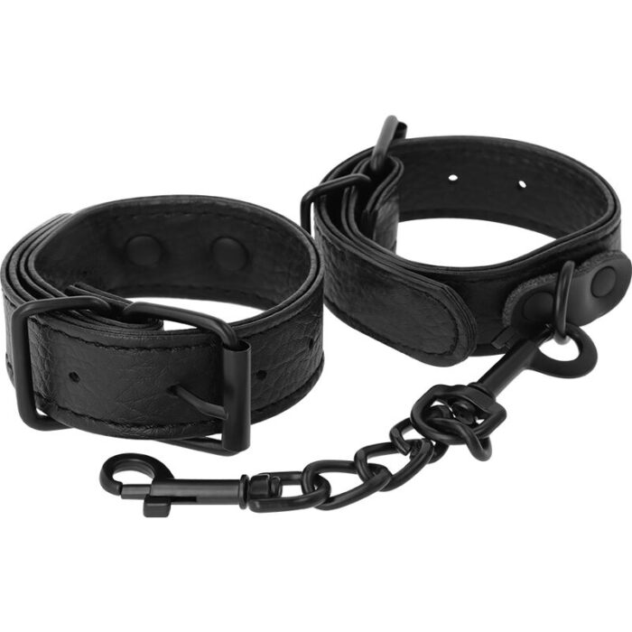 effective and comfortable handcuffs. A classic accessory for your bondage games.These cuffs have the sleek aesthetic you crave. Thin width in textured black and finished with a buckle