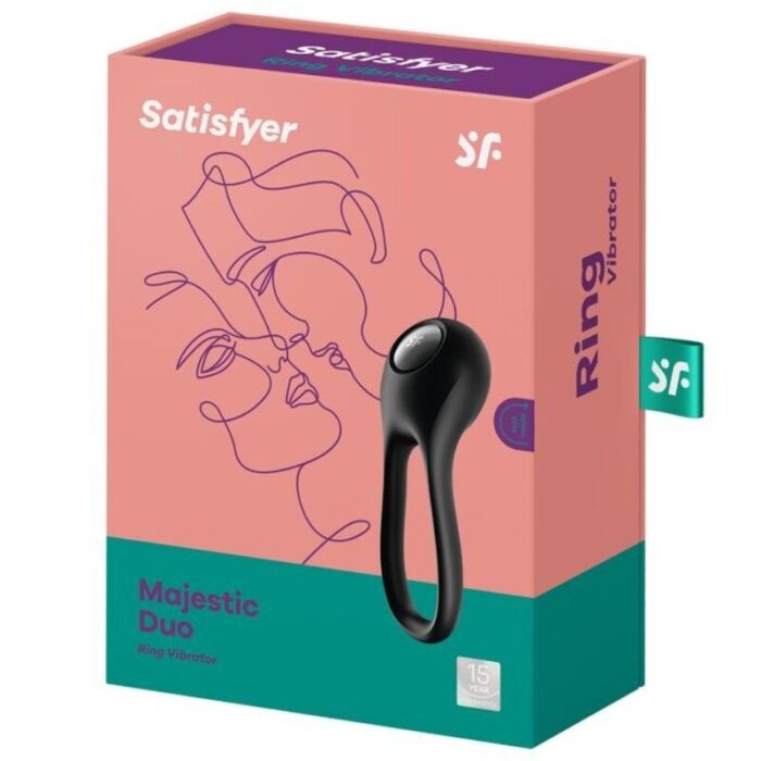 skin-friendly medical-grade silicone	IPX7 Waterproof	Easy to cleanFlexible Ring Vibrator Majestic DuoSatisfyer Duo line is perfect for strengthening and sustaining erections while heightening and delaying pleasure. Each Duo penis ring vibrator is equipped with a powerful motor to transmit 12 vibrations settings through the silicone bands and head of the motor