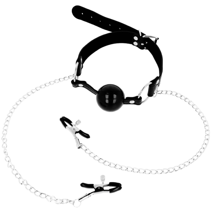 The current use of Fetish fits into the sexual realm. It refers in popular language to the pleasure or admiration of certain body parts or objects in a way that produces excitement or pleasure. Ohmama offers you all the elements and accessories so you can carry them out like never before without complexes using the highest quality materialsCharacteristics	Black ball gag	With chains and nipple clamps 	Nipple tweezers and metal chains	Coated Tips of the nipples clamps 	Stainless steel	Adjustable strapTHE BRANDThe Ohmama product range is perfect for gifts. A product available to everyone with perfect quality. A unique combination in this line of toys