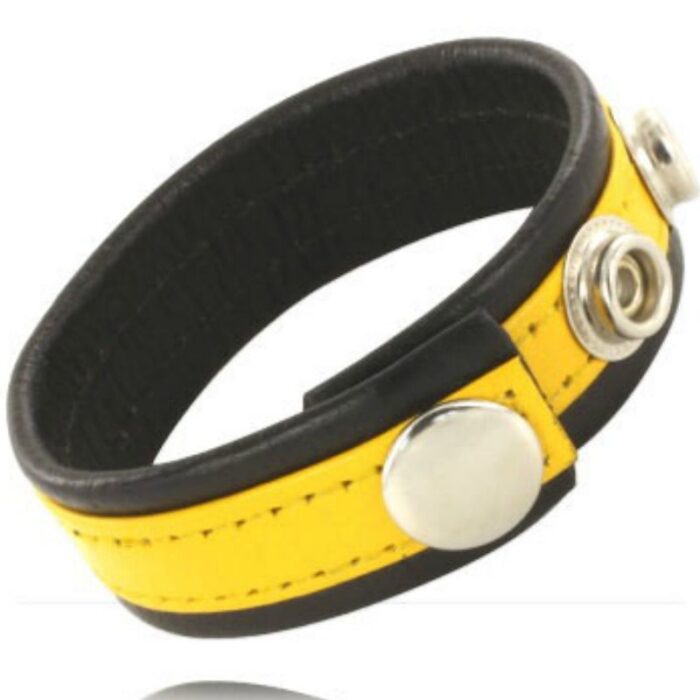 Rainbow Leather Cock Ring-Strap Black & Yellow - Leather cock strap with three snaps for the perfect fit.	Color: Black and yellow	Material: Leather	AdjustableNow