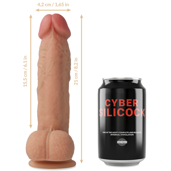 alone or together.	Total length; 21 cm	Insertable length; 15.5 cm	Width; 4.2 cmWhen you buy this product you get; HARNESS + DILDO CYBERSILICOCK + 3 SILICONE RINGS.MATERIAL AND CAREThe dildo is made of liquid medical silicone. Liquid medical silicone is skin-friendly and quickly stores body heat and makes your experience particularly sensual. However