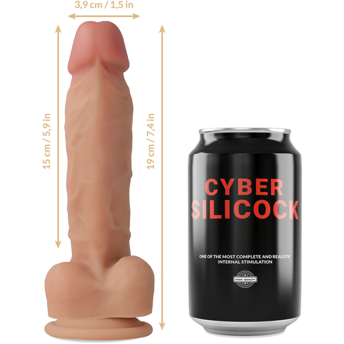 alone or together.	Total length; 19 cm	Insertable length; 15 cm	Width; 3.9 cmWhen you buy this product you get; HARNESS + DILDO CYBERSILICOCK + 3 SILICONE RINGS.MATERIAL AND CAREThe dildo is made of liquid medical silicone. Liquid medical silicone is skin-friendly and quickly stores body heat and makes your experience particularly sensual. However