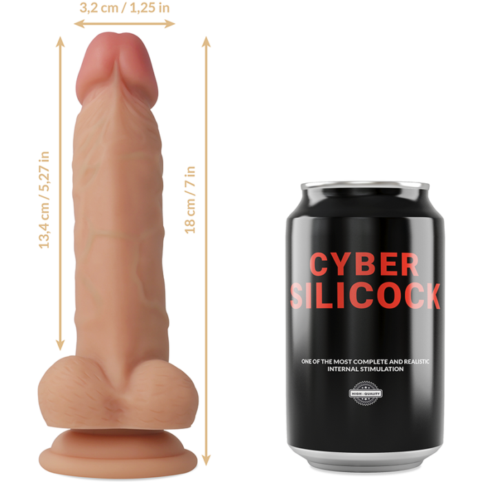 alone or together.	• Total length; 18 cm	• Insertable length; 13.4 cm	• Width; 3.2 cmWhen you buy this product you get; HARNESS + DILDO CYBERSILICOCK + 3 SILICONE RINGS. MATERIAL AND CAREThe dildo is made of liquid medical silicone. Liquid medical silicone is skin-friendly and quickly stores body heat and makes your experience particularly sensual. However