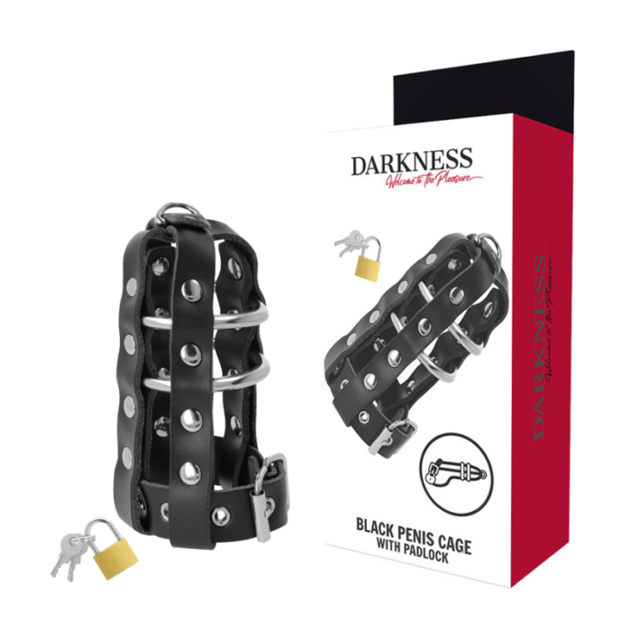 TAKE YOUR EXTREME SEXUALITY GAME TO THE NEXT LEVEL!This Darkness Chastity Cage is made of a durable and hypoallergenic vegan leather material. A variety of hoops in different sizes and at different distances allow you to create the perfect size!The hoops have a comfortable fit and are absolutely safe. The metal lock or wrap lock can close the cage easily. Wrap or tie-down locks ensure the metal detector alarm won't go off at parties